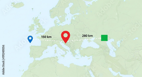 Map illustration showing two locations connected by a route across europe with distance markers