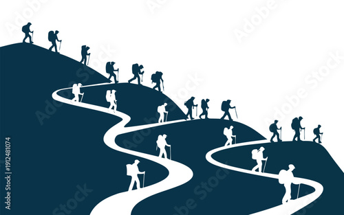 Team of people climbing together along a winding upward path to success
