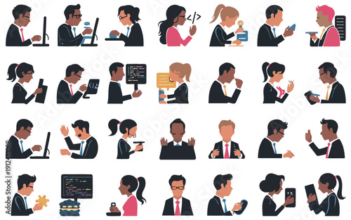 Diverse group of people engaging in various professional and casual activities