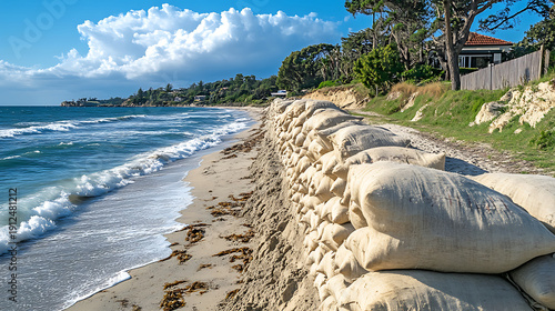 Coastal Erosion Control Sandbag Wall Protecting Beachfront Property from Strong Ocean Waves.