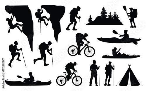Dynamic collection of silhouette figures engaging in various outdoor sports and activities