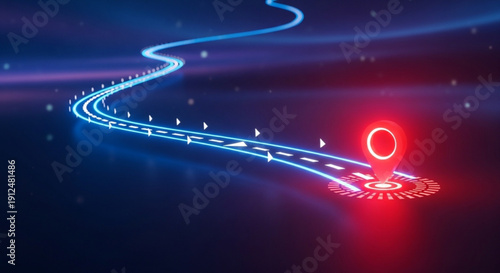 Glowing blue road with red location pin at night navigation concept with neon lights on dark background