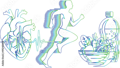 Various elements related to health and well-being. On the left, there's a heart with an electrocardiogram (ECG) waveform, symbolizing cardiovascular health.