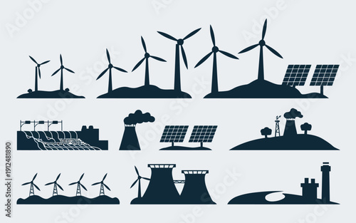 Illustrations of renewable energy sources and industrial manufacturing processes