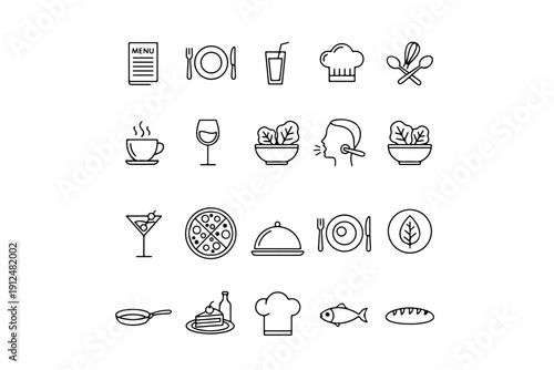 Collection of icons representing various food, drink, and cooking-related items Vector