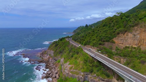 Sea Cliff Bridge on the southern coast of Sydney NSW with sweeping Ocean Views and Mountain terrain. a major Bridge Road on the beautiful Australian coastline  Australia