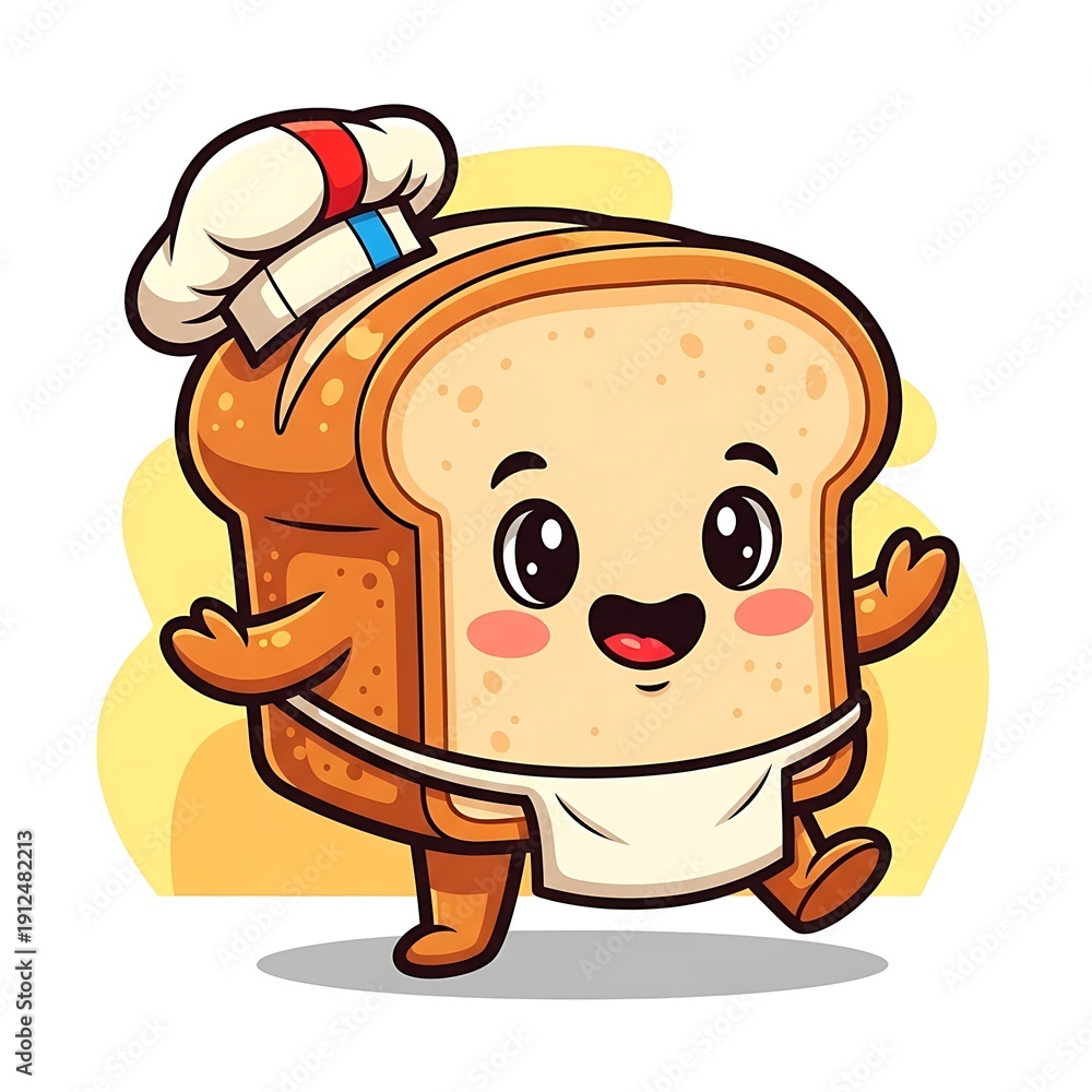 Obraz premium Cartoon bread chef illustration smiling and walking on yellow background