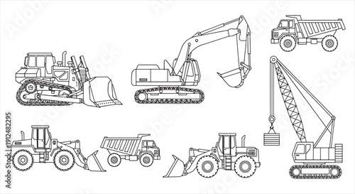 Construction Vehicle Icon Set – Heavy Machinery Line Vector for Engineering and Infrastructure Work