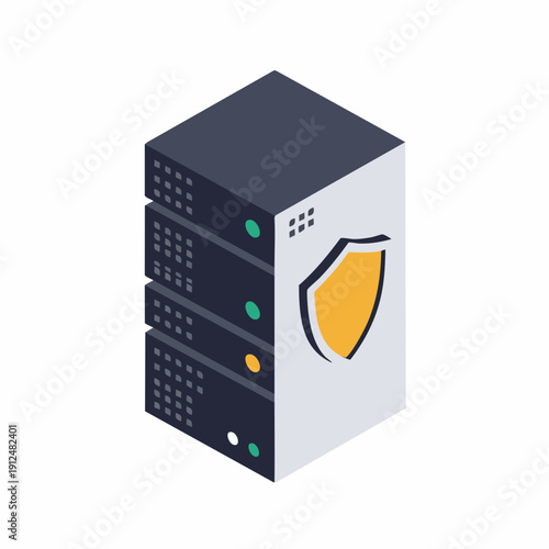 Isometric Flat Isolated Server Rack with Shield Security Protection Icon