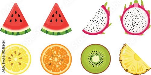 Fresh fruit slices collection watermelon dragonfruit citrus kiwi cartoon vector illustration set isolated background
