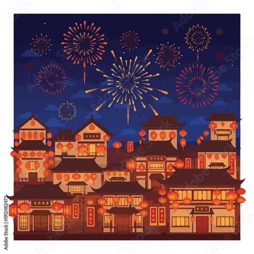 Vibrant Night Celebration in a Traditional Asian Townscape, Illuminated by Festive Lanterns and Spectacular Fireworks Exploding in the Dark Sky
