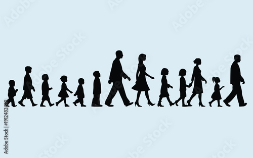 Series of silhouettes illustrating the process of human walking from start to finish