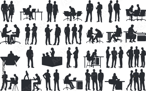 Diverse silhouettes of people in various poses and groupings against a plain background