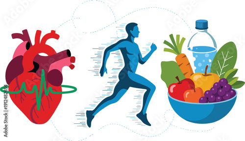 Various elements related to health and well-being. On the left, there's a heart with an electrocardiogram (ECG) waveform, symbolizing cardiovascular health.