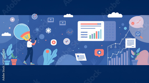 Creative illustrations of startup, project development, communication, serch and browsing, data analytics, market research. Vector concepts for web banner, social media banner, business and marketing.