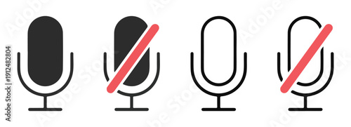 A collection of four isolated microphone icons, depicting both active and muted states, for user interface designs