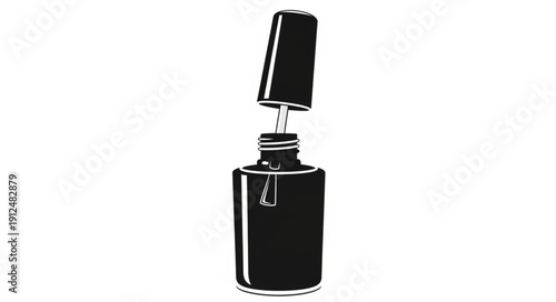 Open bottle of nail polish with brush applicator.