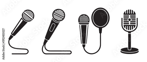 Set of four microphone icons representing different styles and designs including vintage and modern types