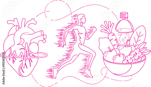 Various elements related to health and well-being. On the left, there's a heart with an electrocardiogram (ECG) waveform, symbolizing cardiovascular health.