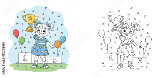 Little Girl Champion Holding a Gold Trophy on a Winners Podium with Balloons and Confetti, Coloring Book Page and Colored Vector Illustration for Kids Achievement and Competition Concept