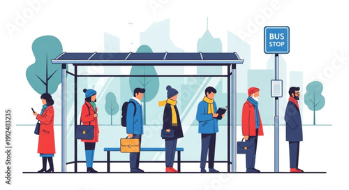 People waiting in line at a bus stop during winter.