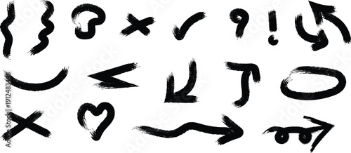 Brush Stroke Doodle Symbols Arrow Heart Check Cross Question Exclamation Squiggle Curl Loop Unicode Text Art Icons Pack