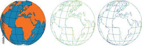 Three distinct globes, each in a different stage of illustration.