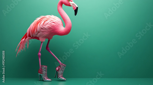 Pink Flamingo Wearing High Heels Standing Against Teal Background Surreal Art.
