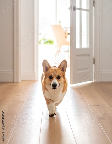 A corgi dog walking towards the camera on a wooden floor