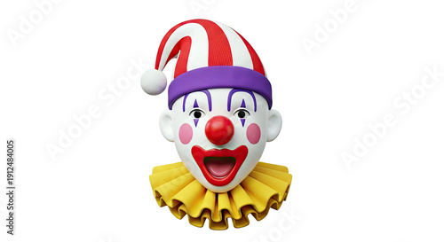 Clown Face with Red and White Hat and Yellow Ruff Collar