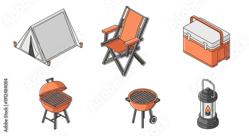 Camping gear including tent, chair, cooler, grill, firepit, and lantern arranged neatly in a graphic illustration