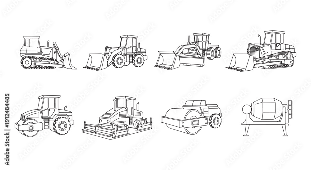 Obraz premium Construction Vehicle Icon Set – Heavy Machinery Line Vector for Engineering and Infrastructure Work