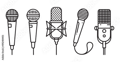 Five outline microphone illustrations showcasing different styles for audio recording and broadcasting