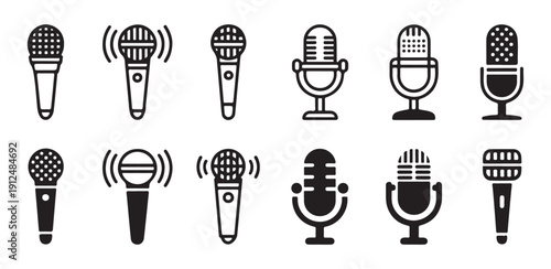 Versatile microphone line and solid icons representing sound recording live performance and broadcasting