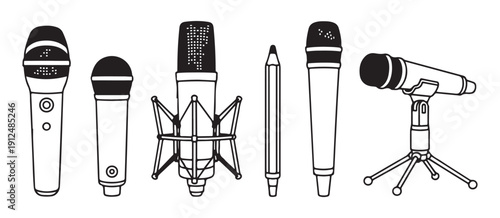Set of hand-drawn retro microphones vector outlines for music, podcast, radio broadcast, sound recording