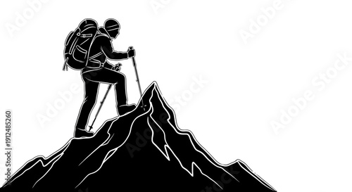 Silhouette of a hiker reaching the summit of a mountain peak.