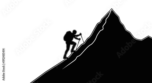 Silhouette of a hiker climbing a steep mountain peak.