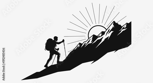 Silhouette of a hiker climbing a steep mountain peak at sunrise.