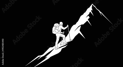 Silhouette of a hiker climbing a steep mountain peak.