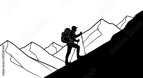Silhouette of a hiker climbing a steep mountain slope with trekking poles.