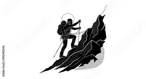 Silhouette of a hiker climbing a steep mountain peak.