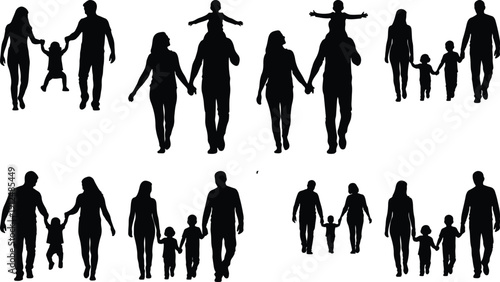 Family silhouettes walking, parents carrying children, holding hands