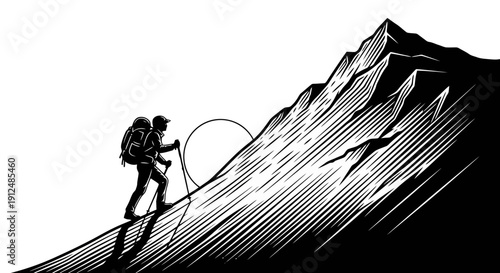 Silhouette of a hiker climbing a steep mountain slope with trekking poles.