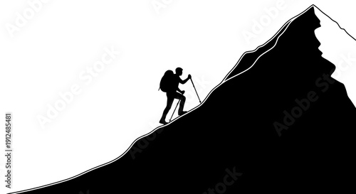 Silhouette of a hiker climbing a steep mountain peak.