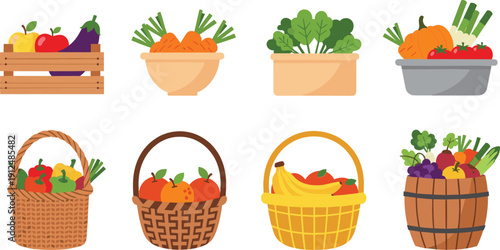 Fresh vegetables and fruits baskets collection cartoon vector illustration set isolated background