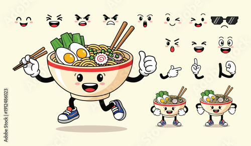 Ramen Bowl Character with Many Expressions, Holding Chopsticks - Delicious Noodle Soup Illustration