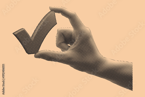 Modern retro vector illustration of hand holding check mark icon. Modern pixelated retro vector illustration.
