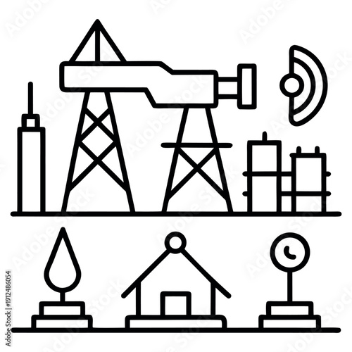 Black Line Icon Set Featuring Oil Pump Jack, House, Droplet, and Clock on Pedestals with Industrial and Residential Elements on white background