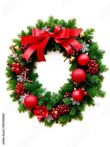 Festive Christmas wreath with red decorations, cut out - stock png.
