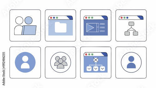 Modern minimal flat icon pack showcasing online collaboration tools like video calls, shared documents, chat, cloud sync, and teamwork. Ideal for business apps, remote work platforms, and presentation